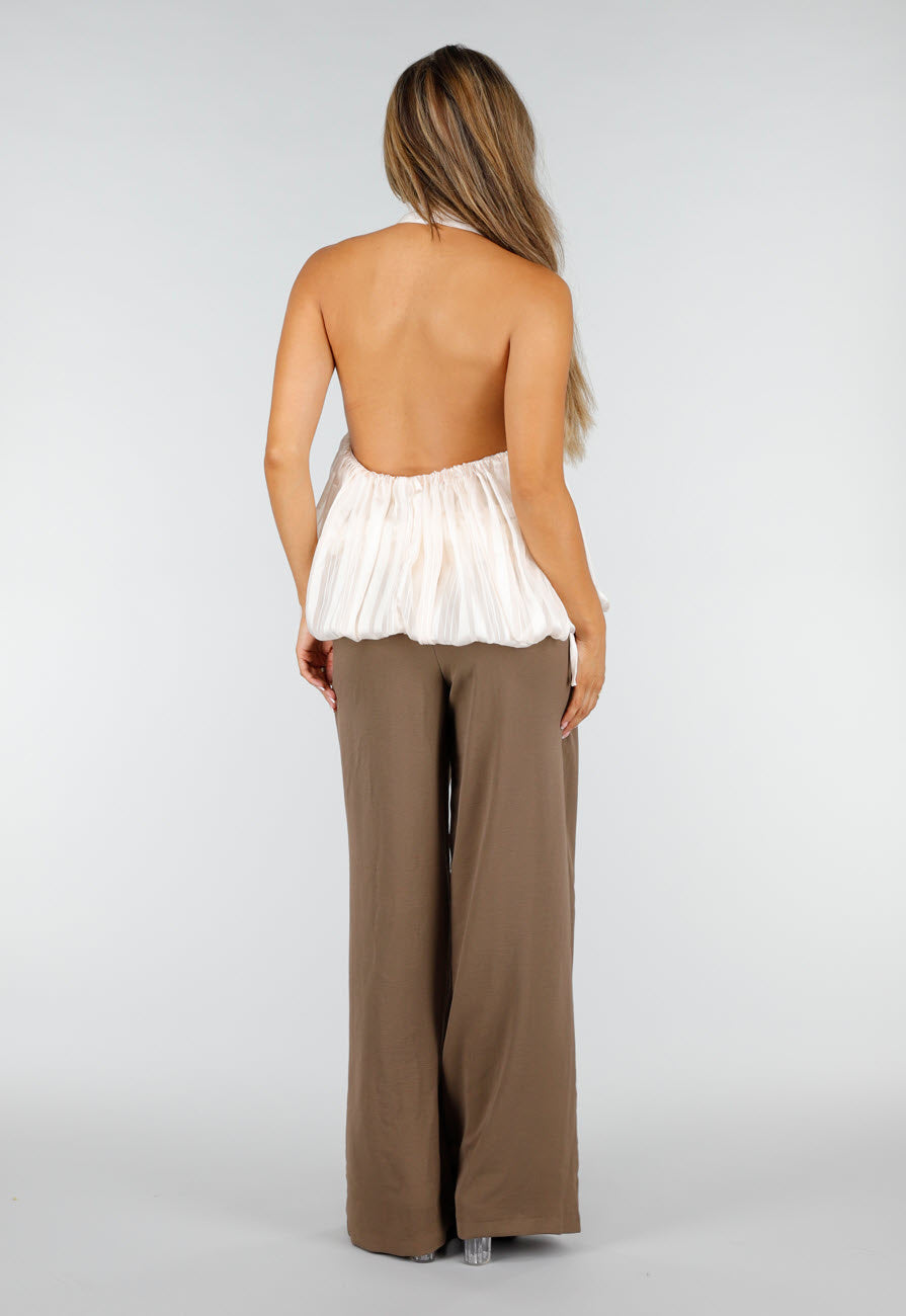 NEW190826 Champagne Plissé Halter Top met Hoge Hals en Open Rug