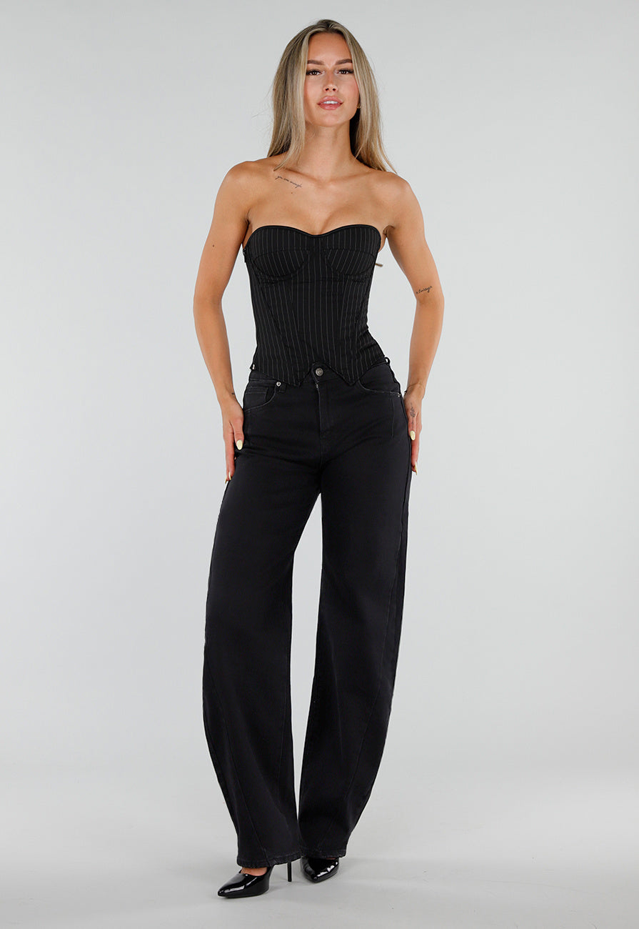 NEW050826 Zwarte Balloon Jeans met Hoge Taille en Lichte Stretch