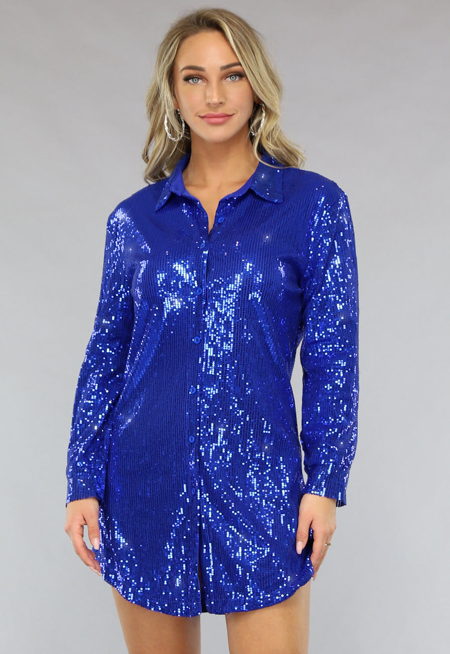 Blauwe Blouse Jurk met Glitters en Kraagje