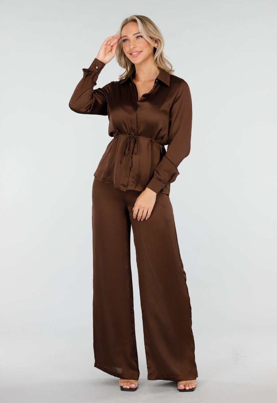 Bruine Satijnlook Set met Blouse en Wide Leg Broek