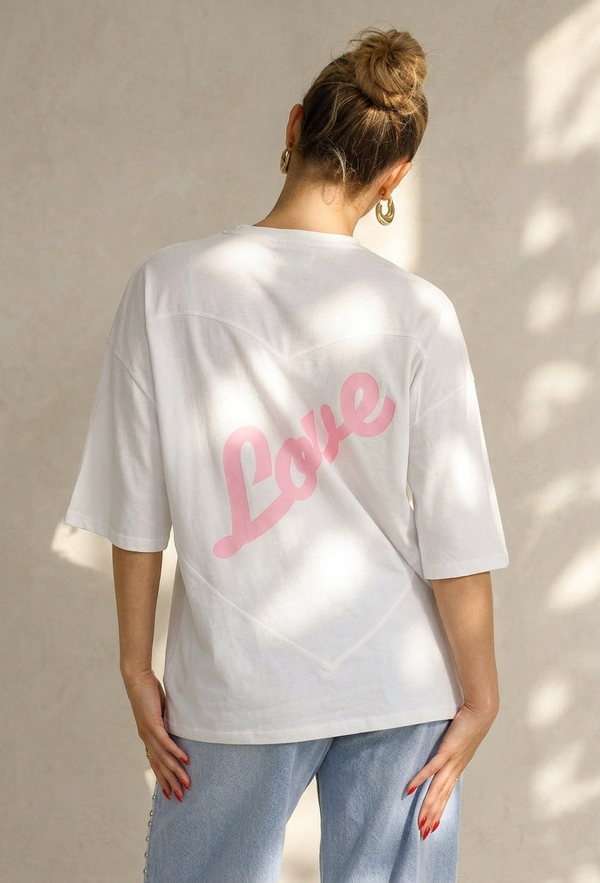 Wit Katoenen Oversized T-shirt met Roze Tekstprint op de Rug