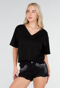 Zwart Katoenen T Shirt met V Hals en Korte Mouwen