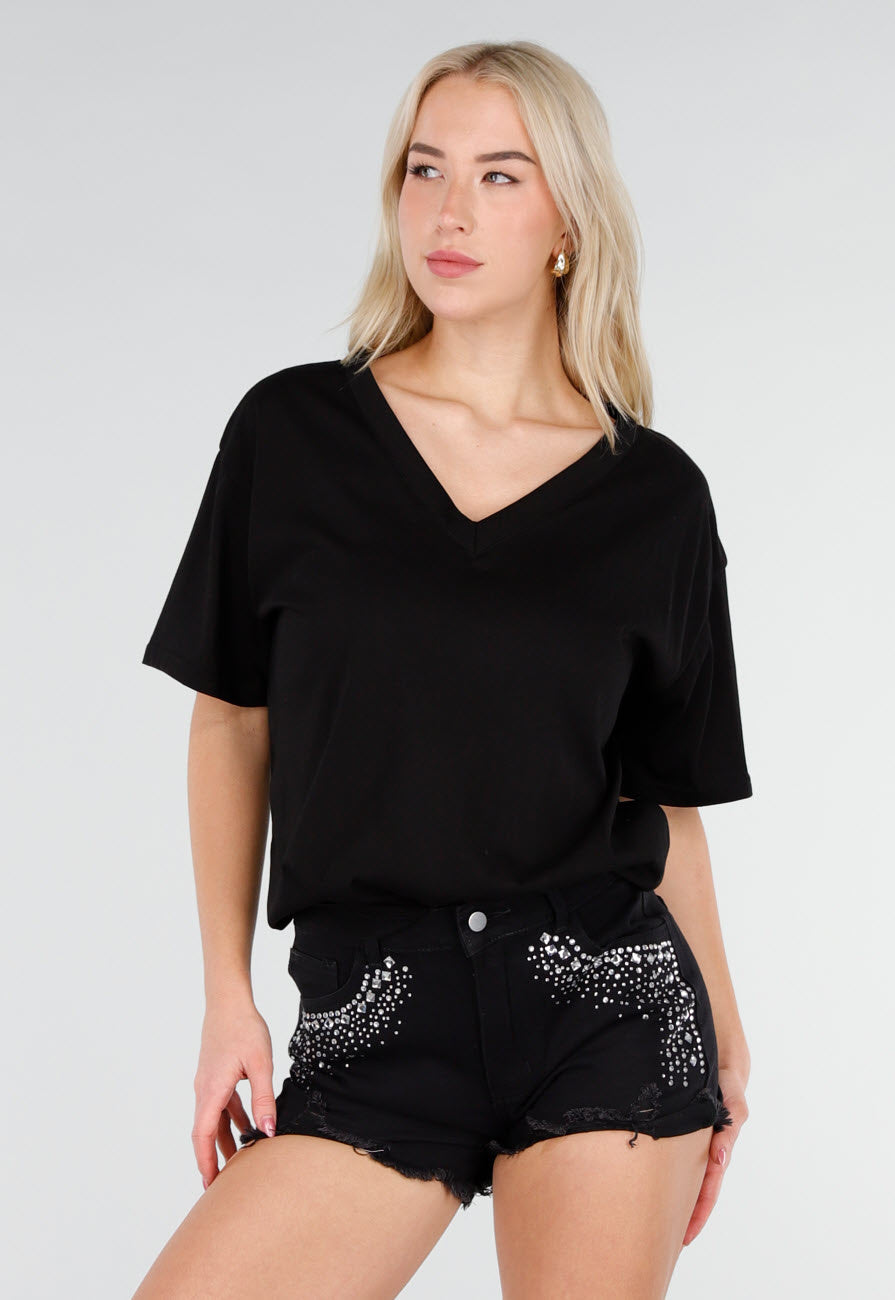 Zwart Katoenen T Shirt met V Hals en Korte Mouwen