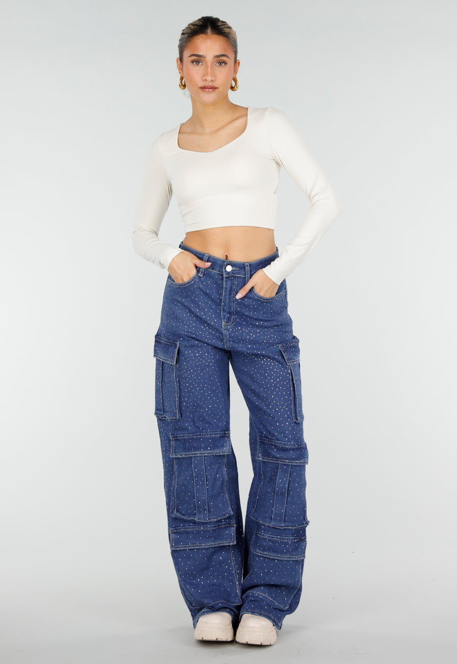 Blauwe Denim Cargo Jeans met Strass Steentjes en Wide Leg Pasvorm
