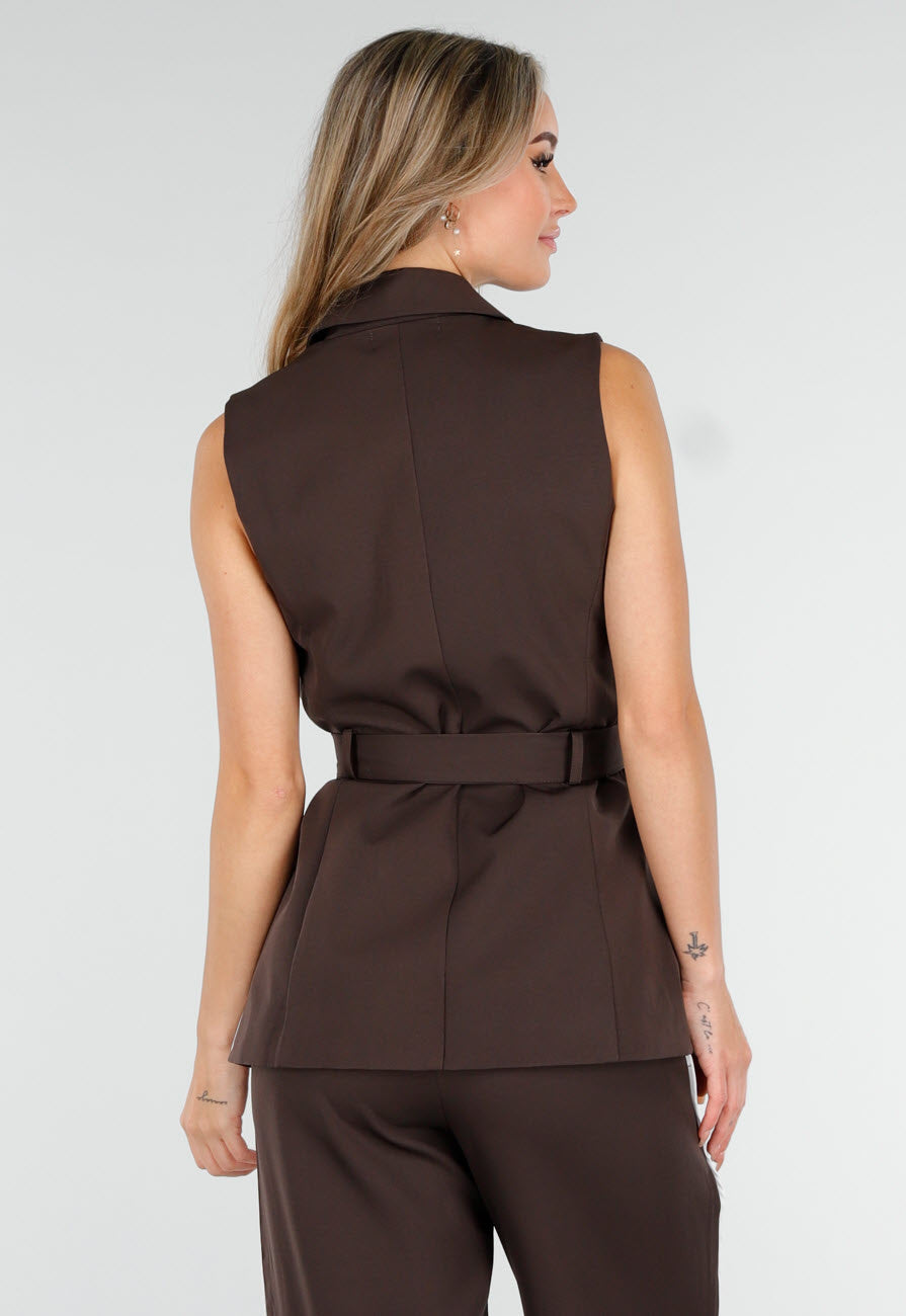 Donkerbruine Two Piece Set met Mouwloos Gilet en Rechte Broek met Witte Strepen