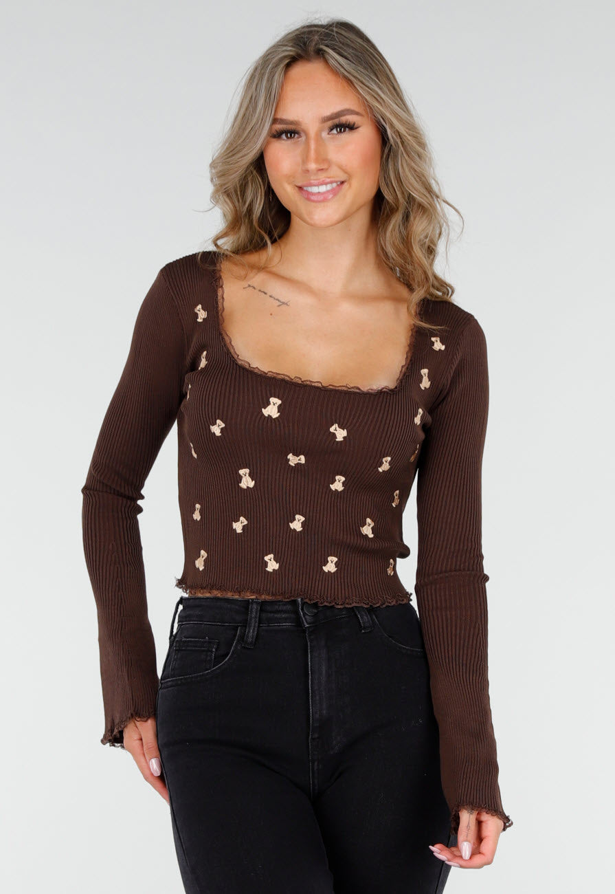 Bruine Stretch Rib Top met Teddybeertjes en Vierkante Halslijn