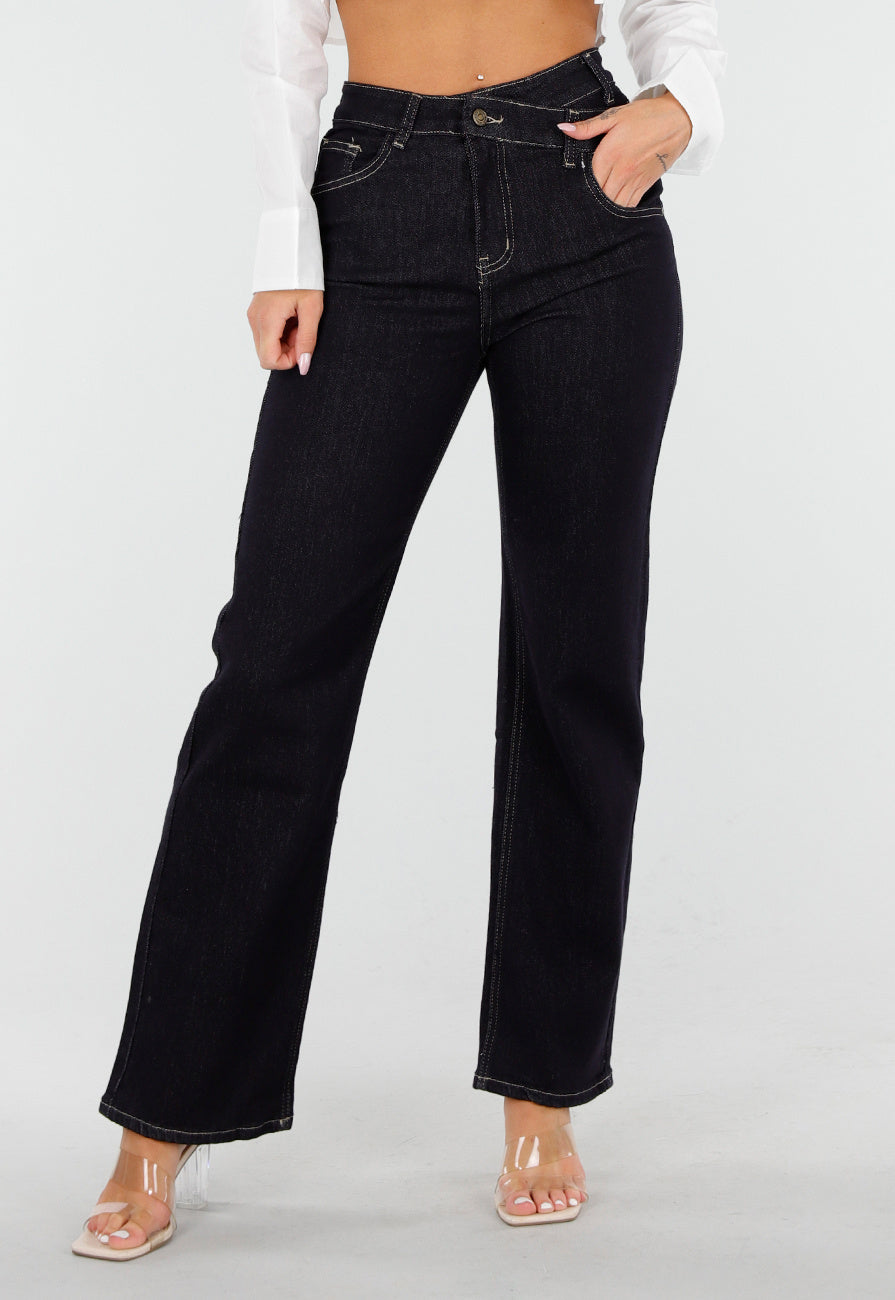 Donkerblauwe High Waist Overslag Wide Leg Jeans met Rechte Pijpen