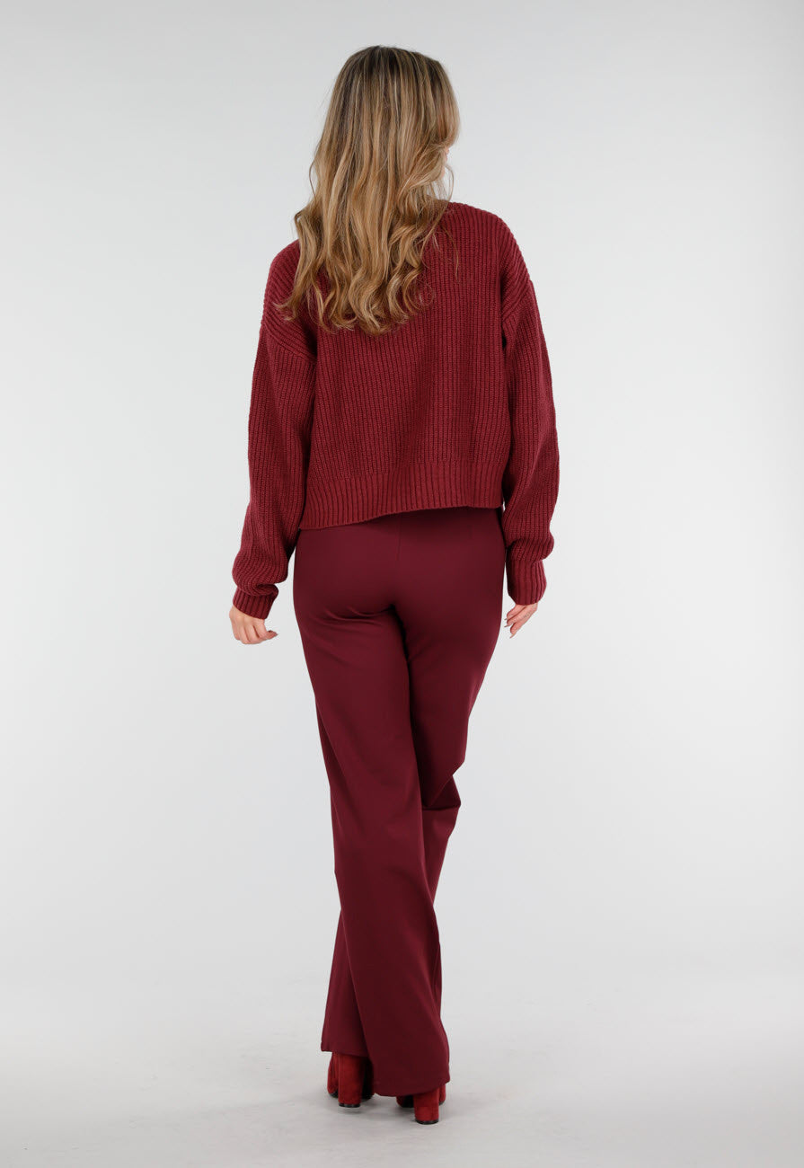 Bordeauxrood Ribgebreid Vest met Rits