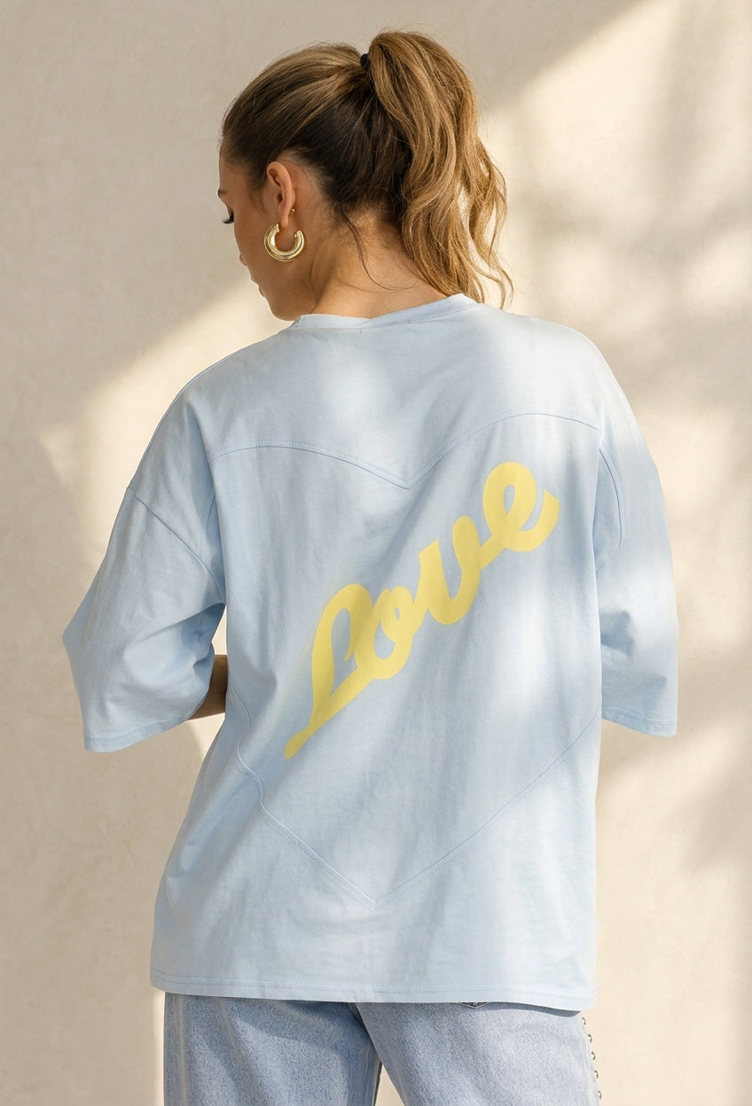 Lichtblauw Oversized T-Shirt met Korte Mouwen en Backprint