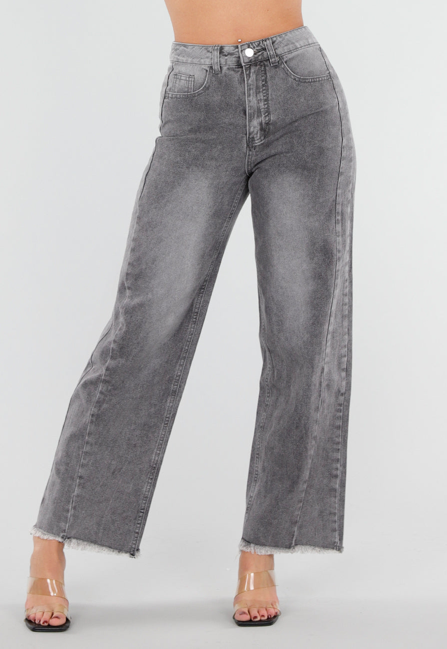 Grijze High Waist Straight Leg Jeans met Rafelige Zoom
