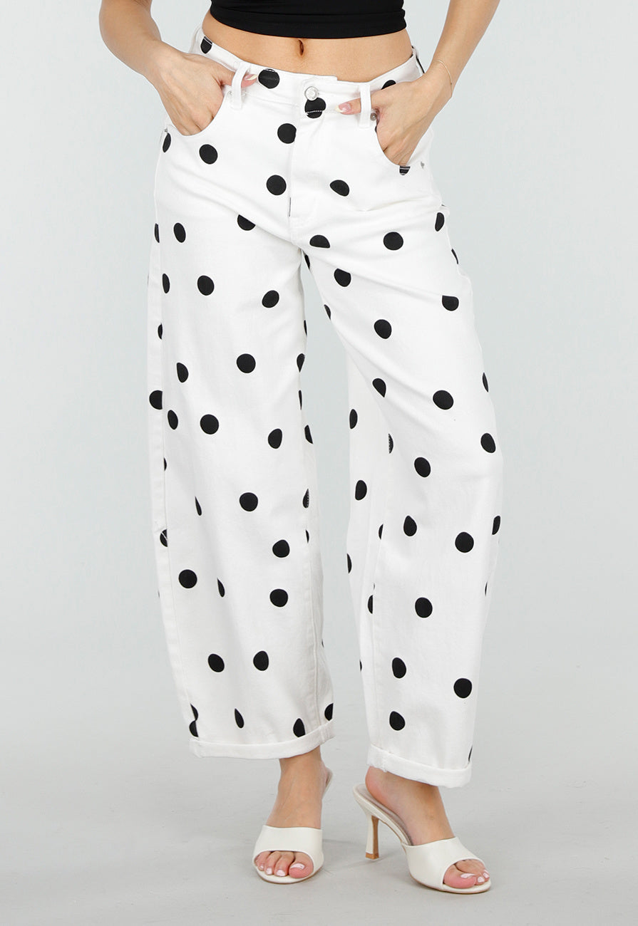 Witte Barrel Jeans met Zwarte Stippen en Hoge Taille