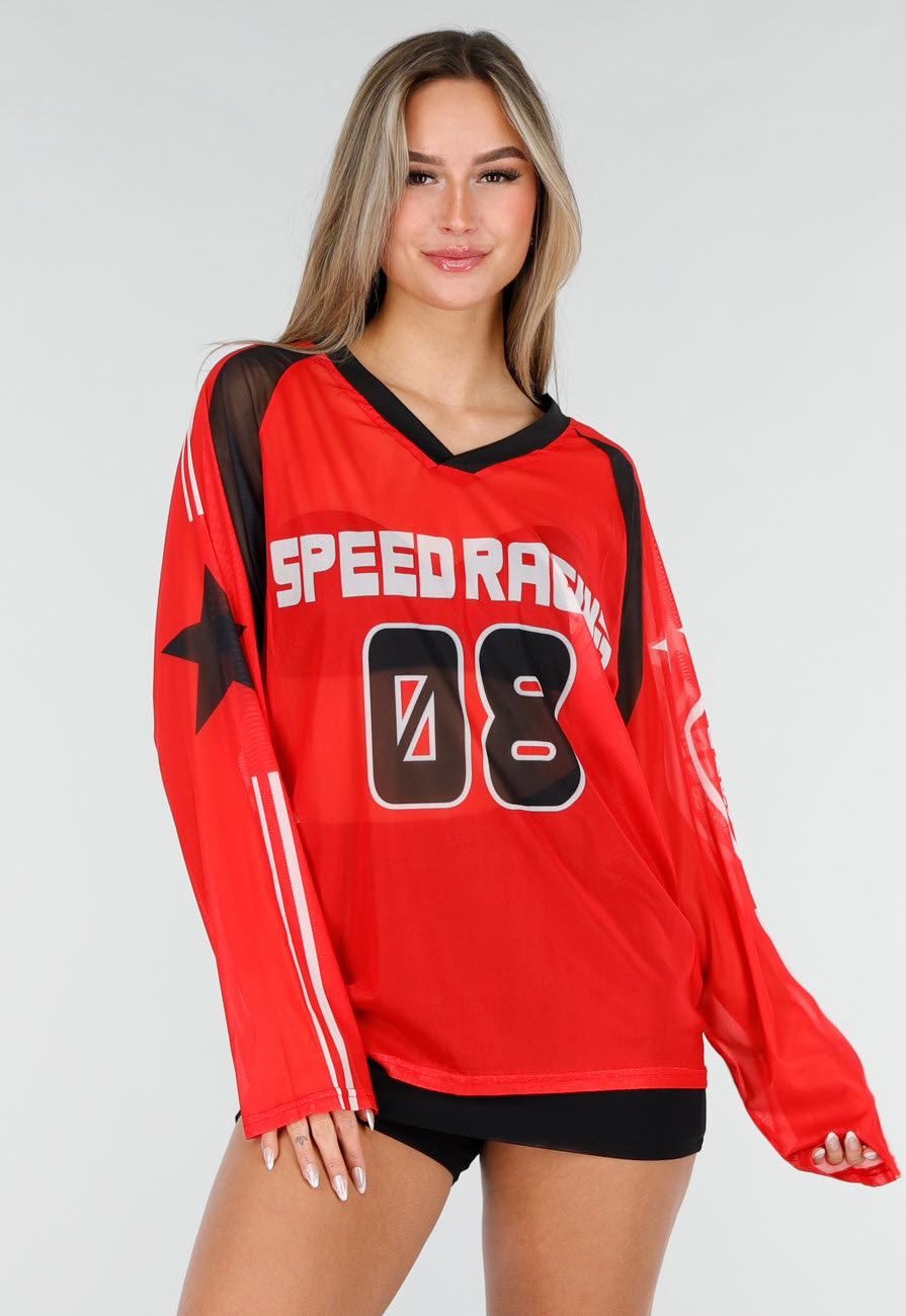 Rode Mesh Jersey Top met Lange Mouwen