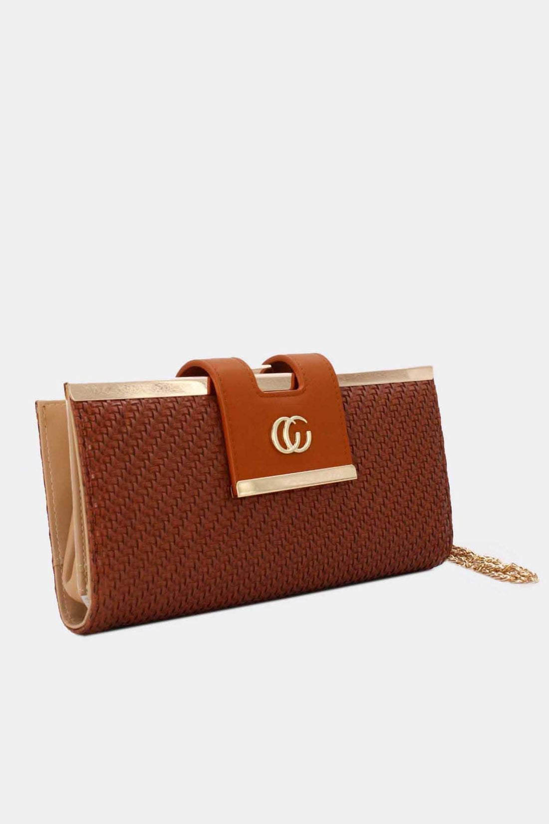 Cognackleurige Gevlochten Clutch van Imitatieleer met Gouden Schouderketting