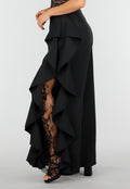 Zwarte Wide Leg Broek met Ruffle Detail en Kant Split