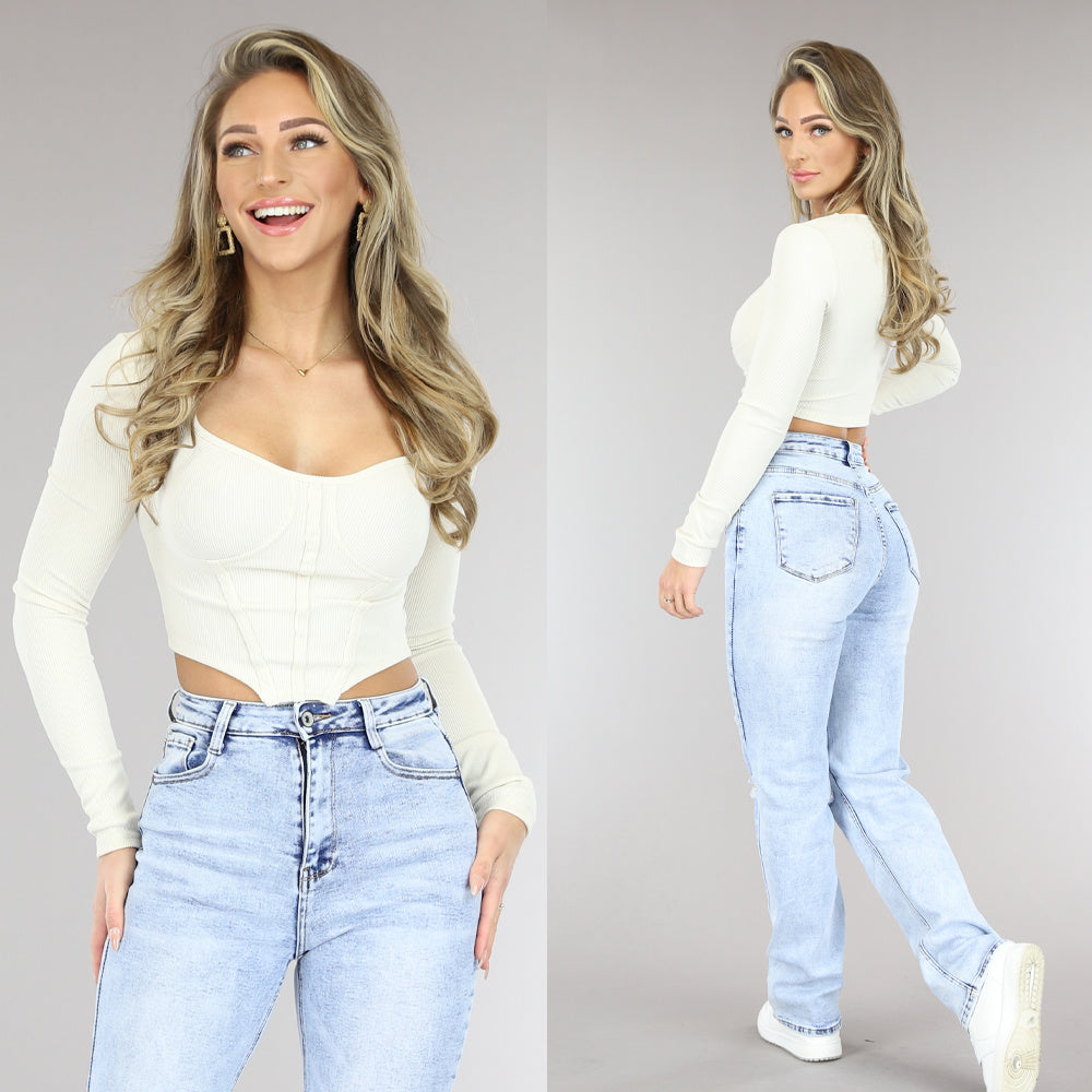 Beige Rib Longsleeve Top met Korset Detail