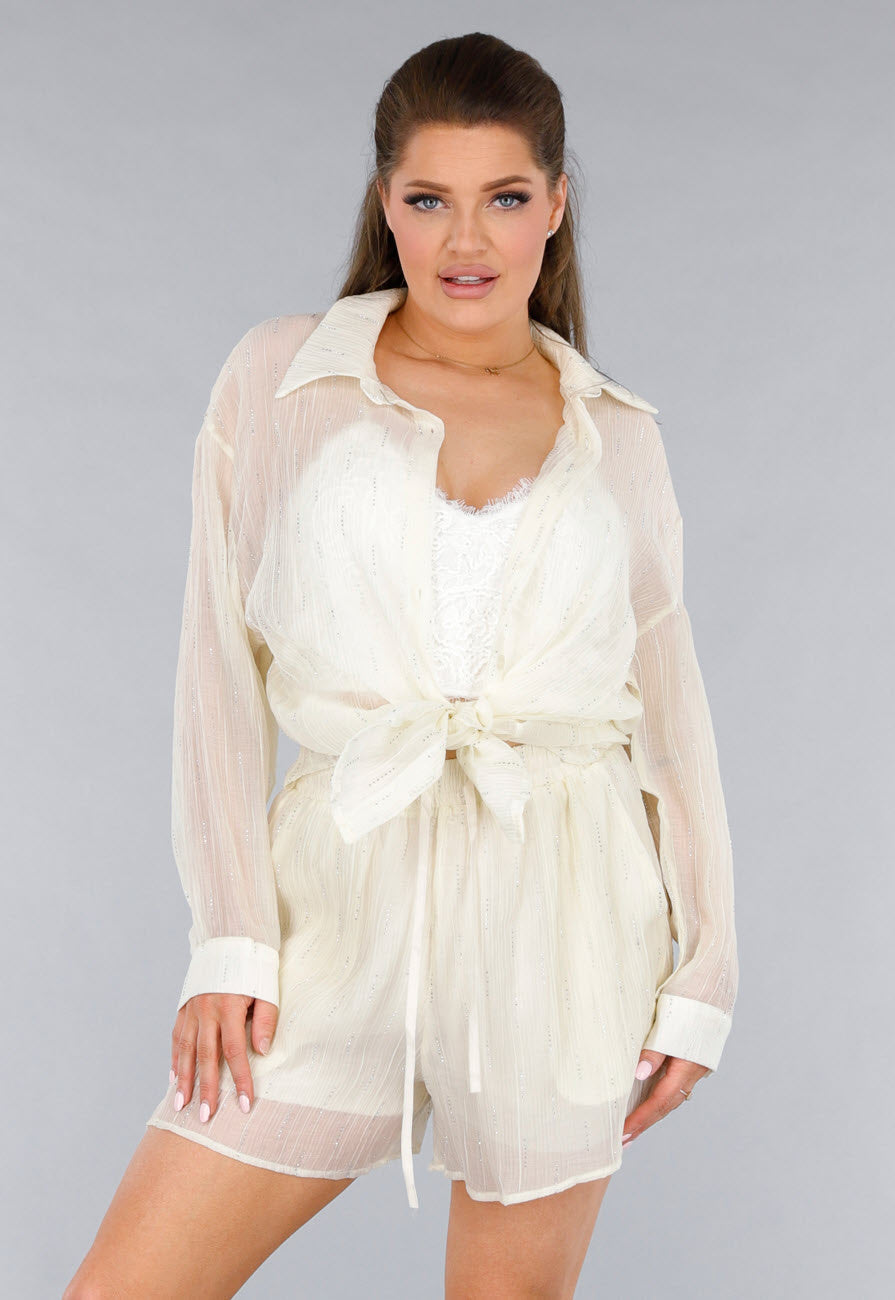 Crème 2-Delig Set met Doorschijnende Blouse en Elastische Short