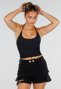 NEW120826 Zwarte Halter Sport Top met Verstelbaar Halterbandje, Uitneembare Pads en Stretch