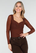Bruine Mesh Top met Lange Mouwen en Hartvormige Halslijn