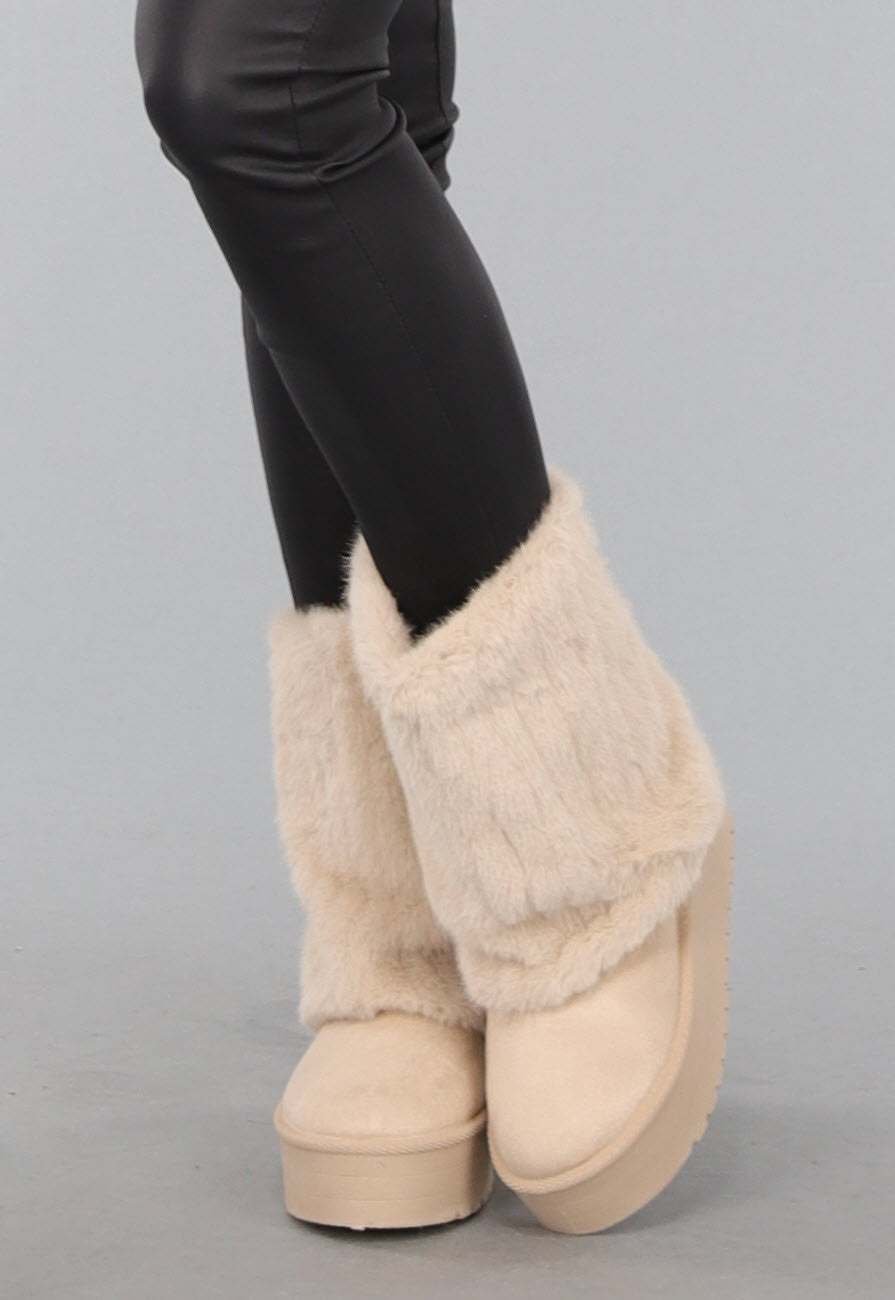 Beige Faux Fur Laarzen met Plateau