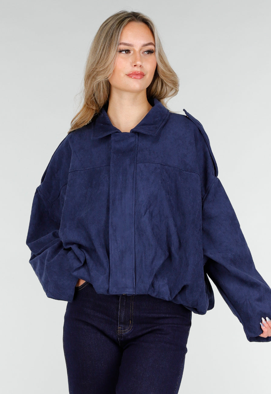 Donkerblauw Suèdelook Jasje met Rits- en Knoopsluiting