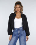 Zwarte Cropped Bomberjack met Ritssluiting en Ballonmouwen