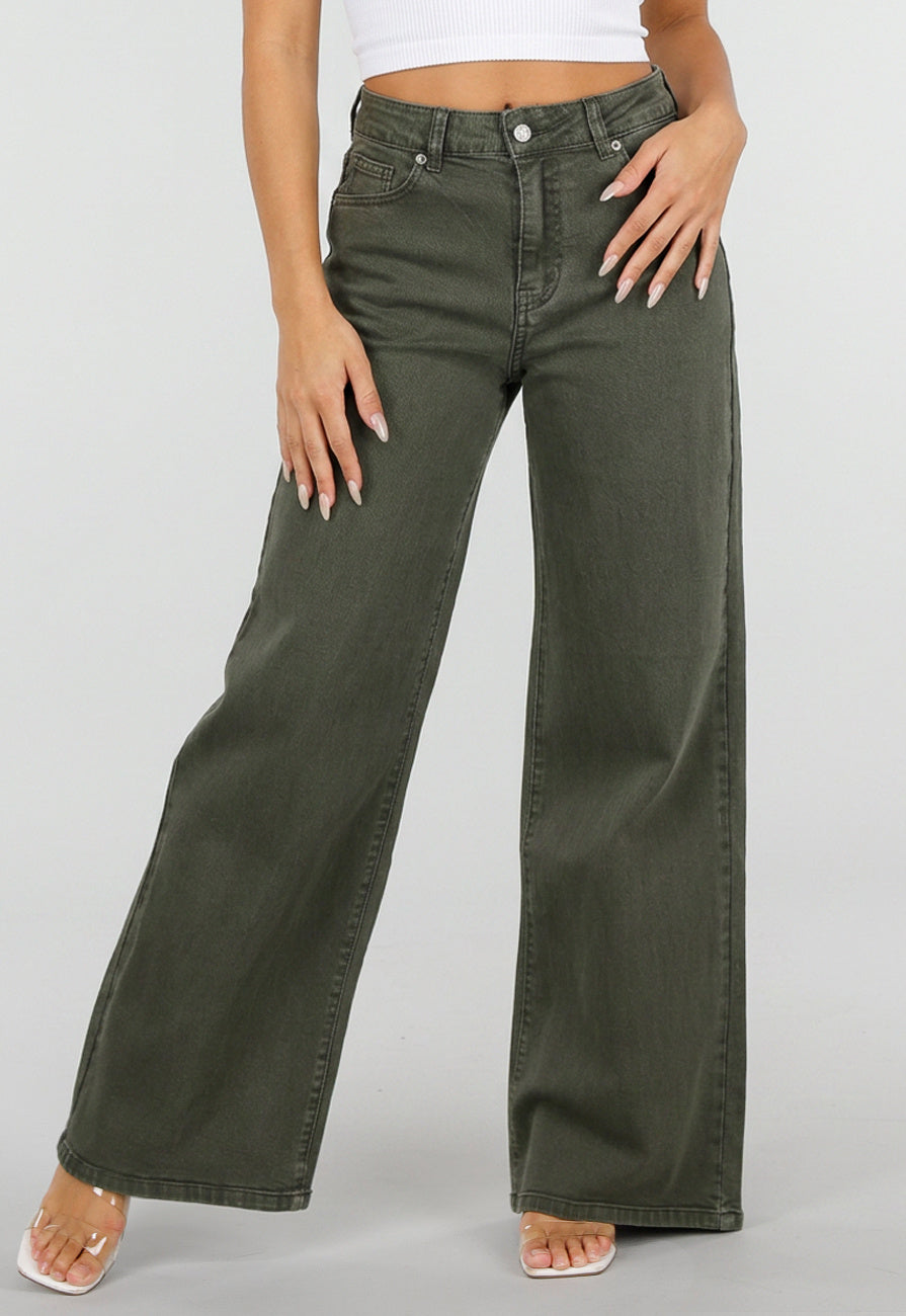 NEW120826 Olijfgroene Wide Leg Jeans met Hoge Taille en Lichte Stretch