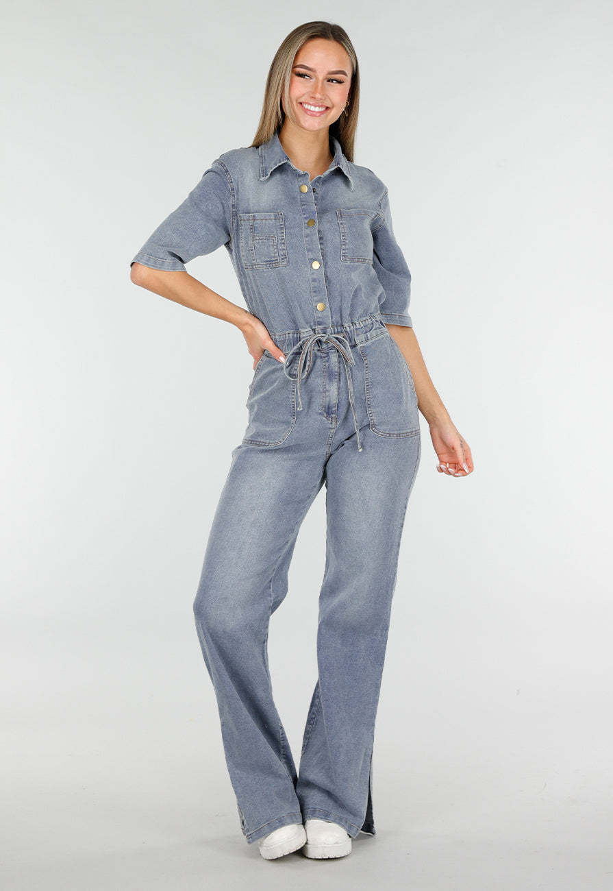 Denim Jumpsuit met Elastische Taille Blauw