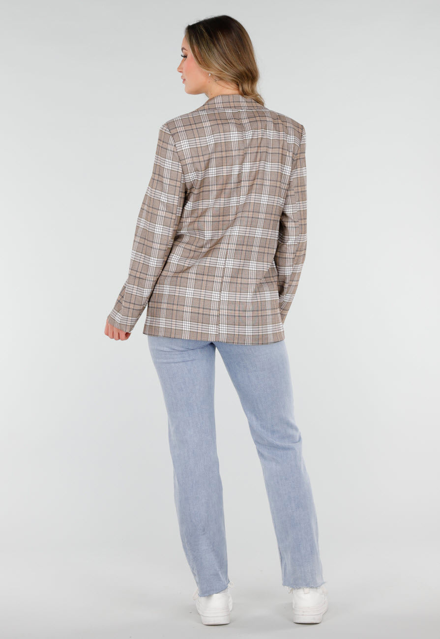 Beige Geruite Blazer met Schoudervullingen