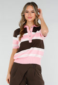 Gestreepte Gebreide Polo Top in Roze en Bruin