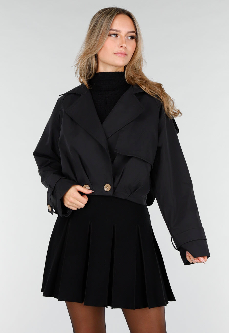 Zwarte Korte Trenchcoat met Knopen en Reverskraag