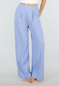 Lichtblauwe Linnenlook Wide Leg Pantalon met Hoge Taille en Plooien