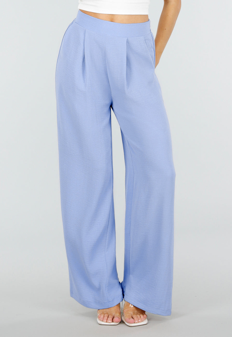Lichtblauwe Linnenlook Wide Leg Pantalon met Hoge Taille en Plooien