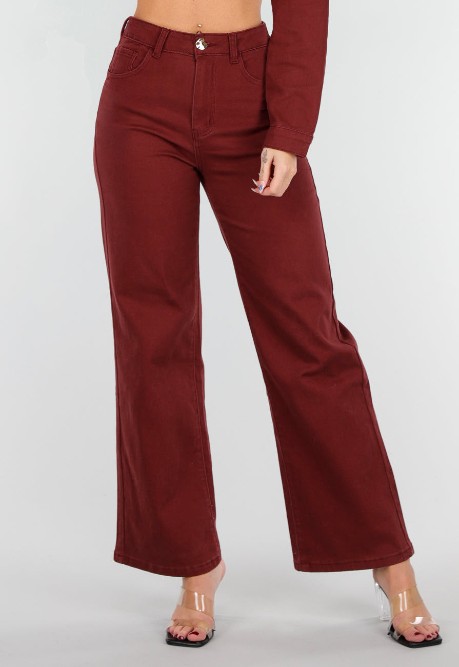 Bordeauxrode High Waist Jeans met Rechte Pijpen en Goudkleurige Knoop