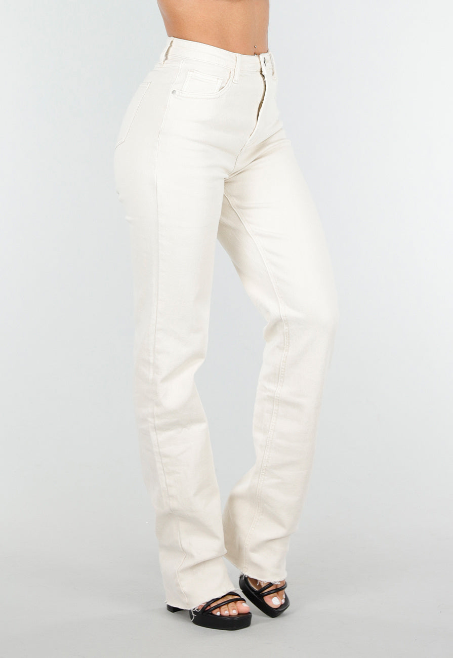 Redial Jeans Beige Stretch Straight Leg Jeans Tall met Gerafelde Onderkant