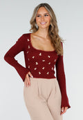 Bordeaux Stretch Rib Top met Teddybeertjes en Vierkante Halslijn