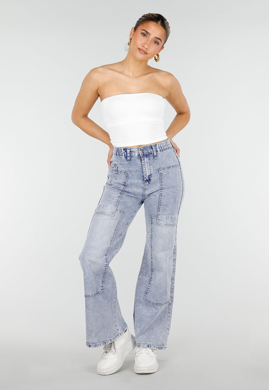 Lichtblauwe Denim Petite Wide Leg Jeans met Hoge Taille en Patch Details