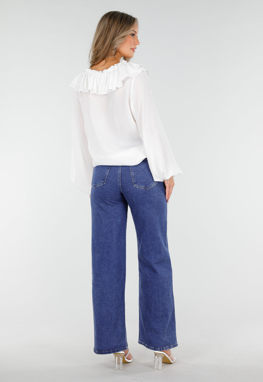 Witte Blouse met Ruches en Vetersluiting bij de Hals