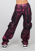 Zwarte Cargo Jeans met Roze Metallic Coating en Zakken