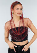 Rode Fishnet Top met Capuchon en Strass Steentjes