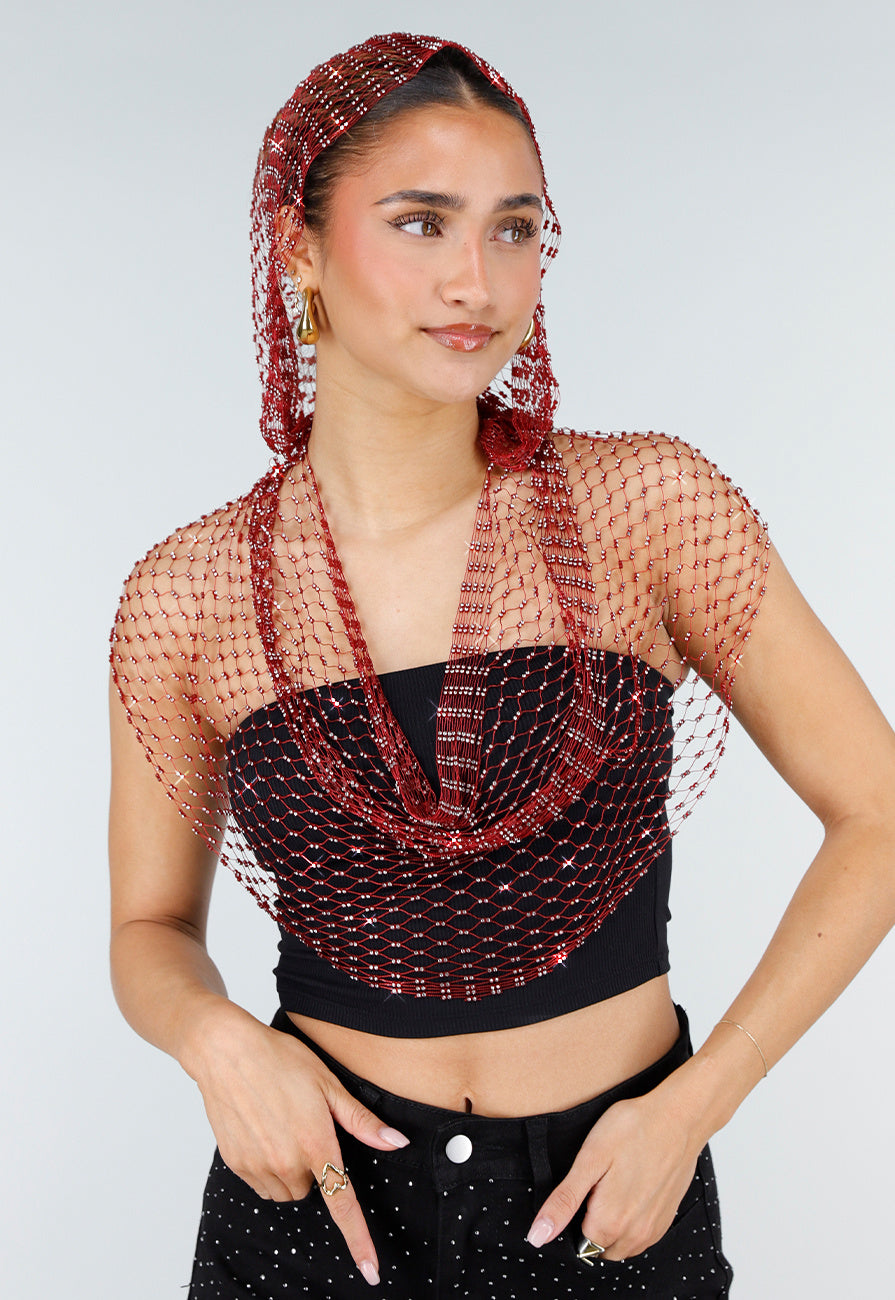 Rode Fishnet Top met Capuchon en Strass Steentjes