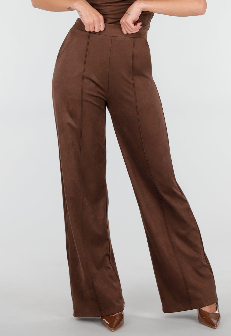 Bruine Suède Pantalon met Rechte Pijpen en Naaddetails