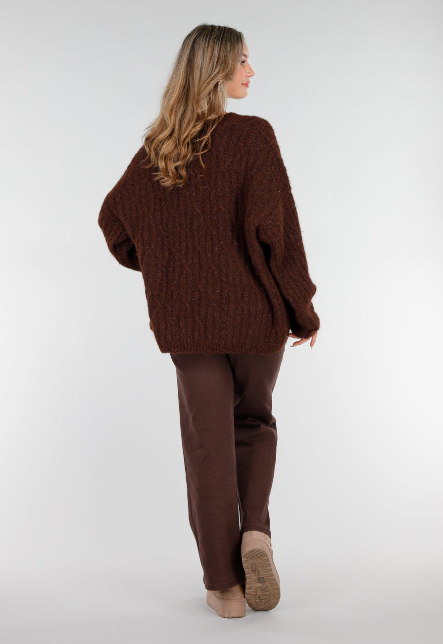 Gebreide Bruine Cardigan met Lurex en Goudkleurige Knopen