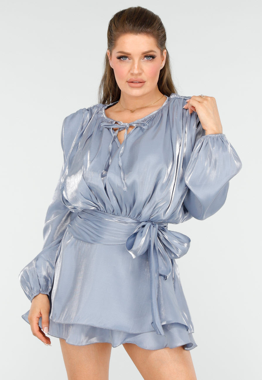 Elegante Glanzende Blauwe Mini Jurk