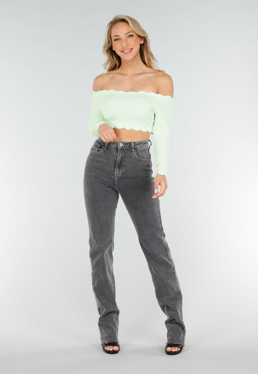 Mintgroene Off Shoulder Crop Top met Lange Mouwen en Pads