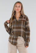 NEW120826 Bruine Geruite Blouse met Lange Mouwen en Iconic Club Tekst