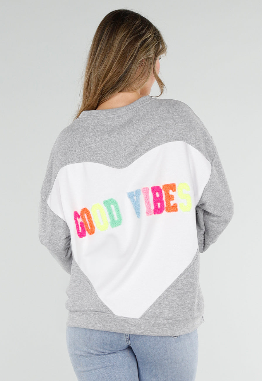 Grijze Oversized Sweater met Good Vibes Print
