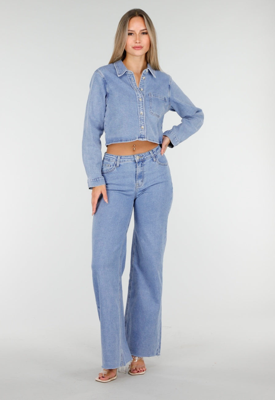 Redial Jeans Cropped Denim Blouse in Lichtblauw Met Lange Mouwen