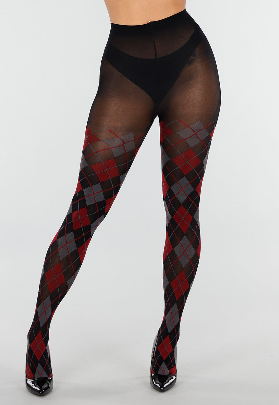 Rood Grijze Panty met Argyle Print