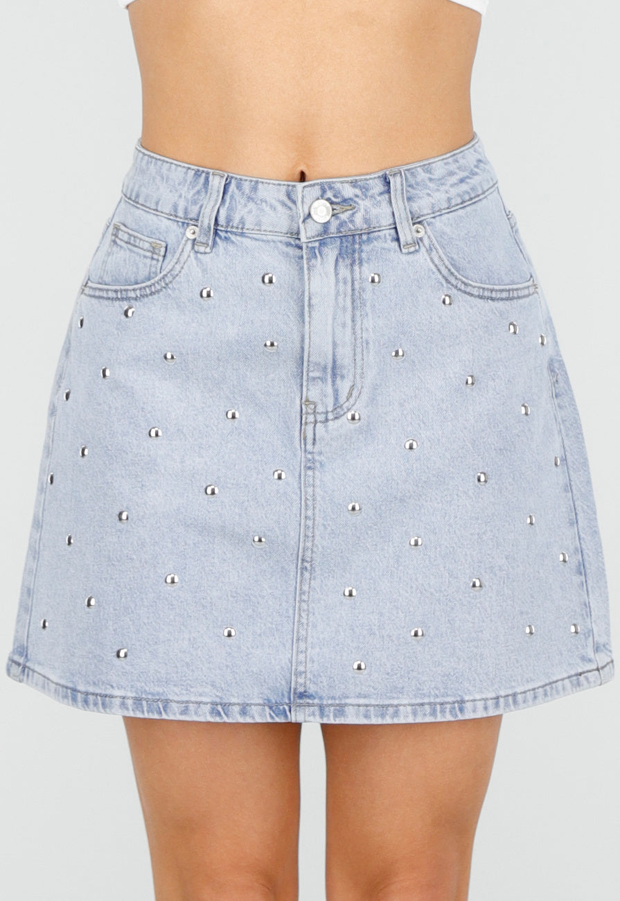 Lichtblauwe Denim Mini Rok met Studs en High Waist