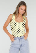 Butter Yellow Stretch Body met Zwarte Polkadots en Vierkante Hals